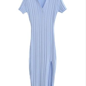 Goodnight Macaroon - Size US Medium , Blue Collared Ribbed Knit Midi Dress